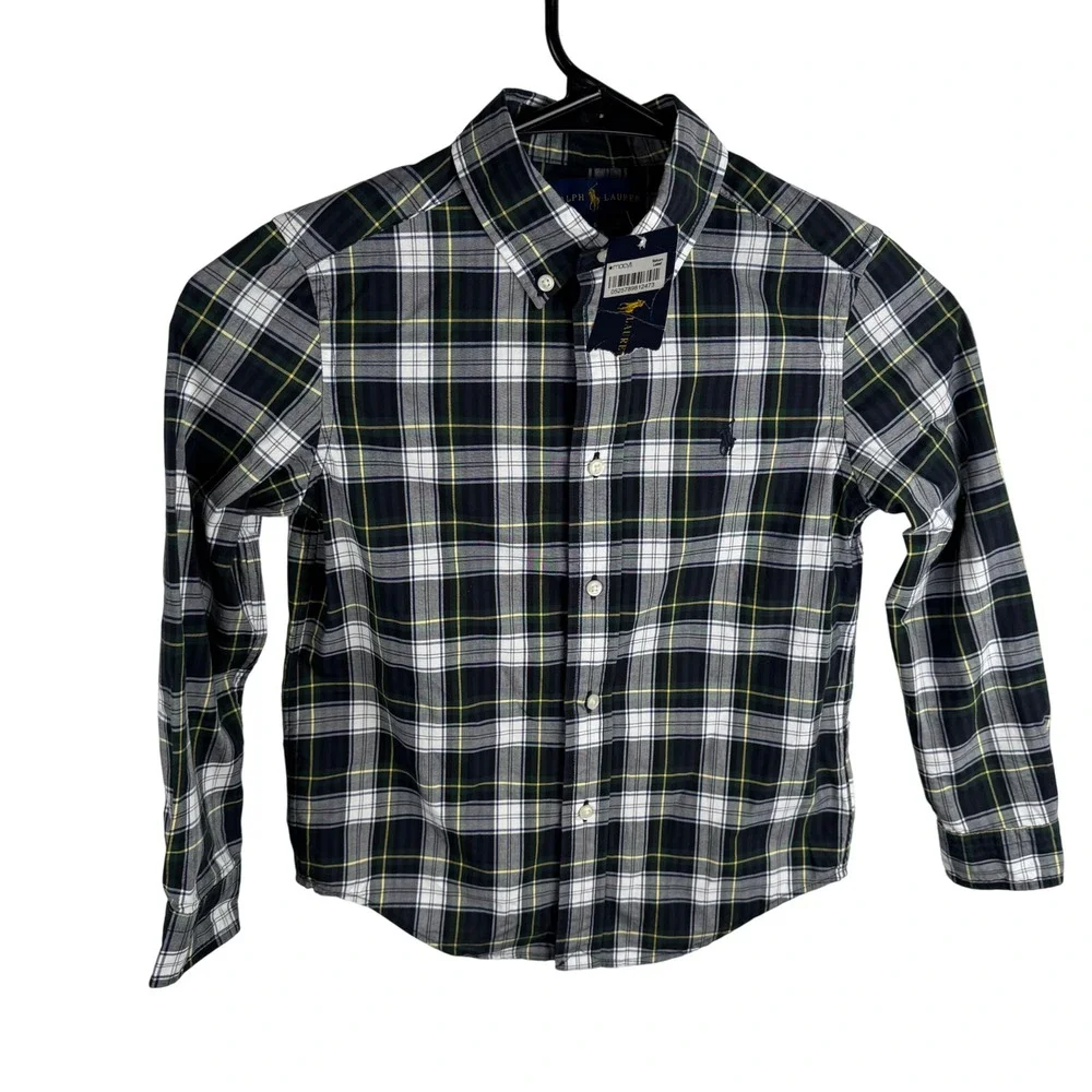 Ralph Lauren Boys 6 Plaid Button Down Shirt Long Sleeve Blue Green Holiday NWT